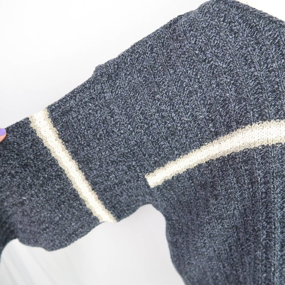 Vintage 90s Eddie Bauer Men's navy blue white stripe cotton knit sweater L - Picture 3 of 6